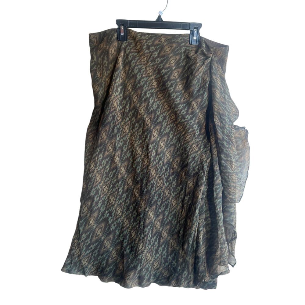 Lauren Ralph Lauren TAHITI 100% Silk Modern Brown Green Ruffle Skirt Size LARGE